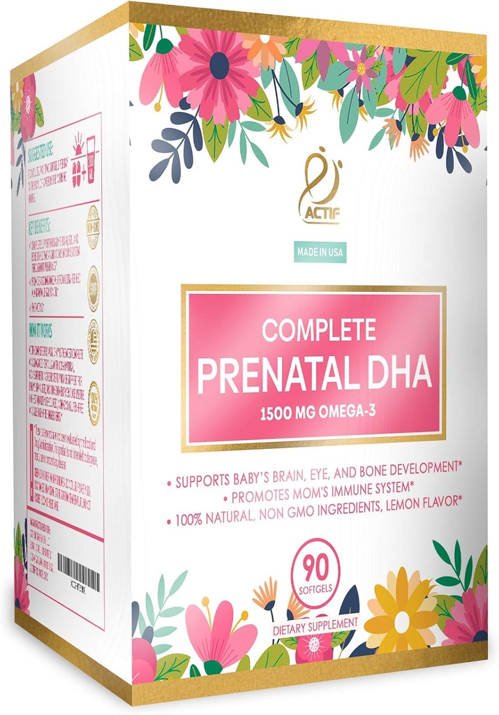 Actif Complete Prenatal DHA with 1500mg Omega-3, 100% Natural DHA, EPA, Omega 3 - Non-GMO, 90 Gummies
