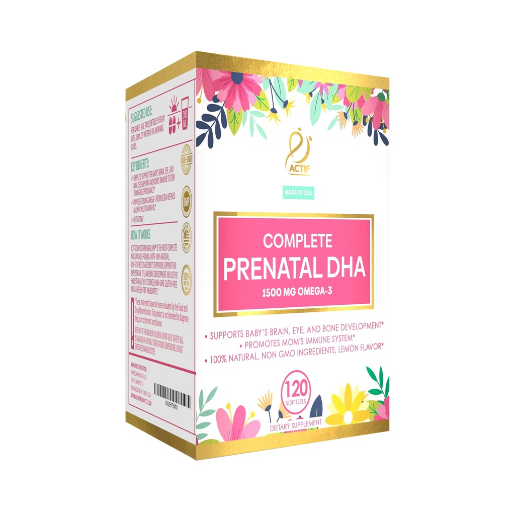Actif Complete Prenatal DHA with 1500mg Omega-3, 100% Natural, Organic DHA, EPA, Omega 3 - Non-GMO, 90 Gummies