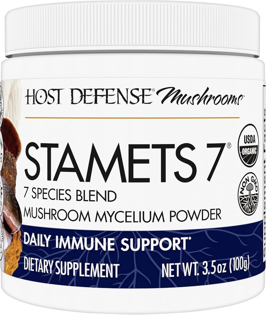 Host Defense Stamets 7 Onddo-hautsa - 7 Espezie Nahastea - Onddo-gehigarria Errege Sun Blazei, Cordyceps, Reishi, Maitake, Lion's Mane, Chaga & Mesima - 3.5 oz (66 zerbitzu)*