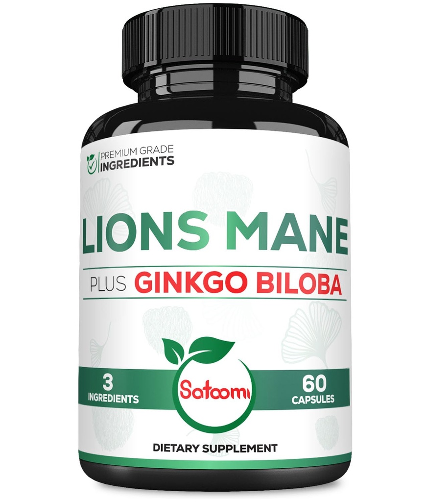 Satoomi Lions Mane with Ginkgo Biloba Supplement - 60 Capsules - Extra Strength for Restful Mind, Brain Health, Immune System & Focus - Gluten-Free, Non-GMO