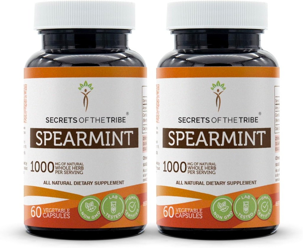 Secrets des Tribe Spearmint Capsules 1000 mg Spearmint (Mentha spicata) Feuille séchée, Supplément de soutien aux hormones pour femmes (2x60 Capsules)