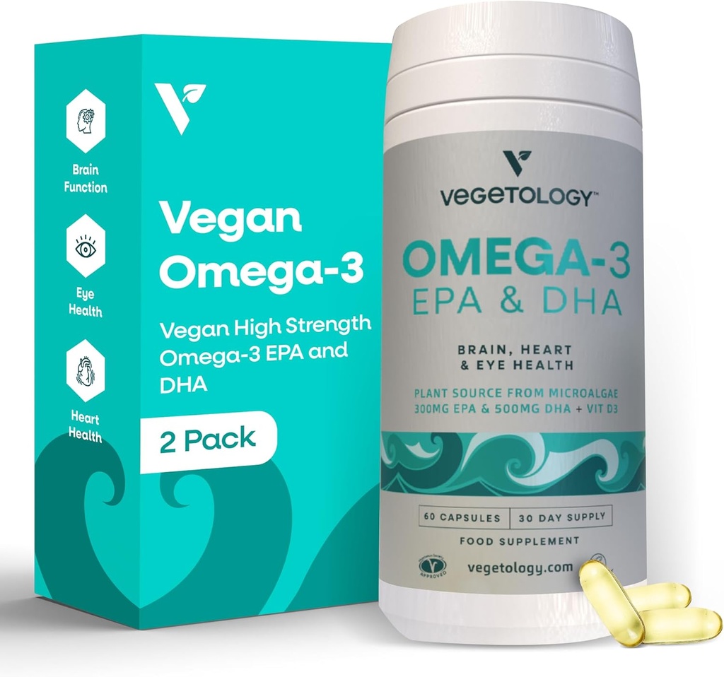 Vegan Omega 3 Supplement – EPA, DHA Supplements & Vitamin D3 – Algae Omega 3 Vegan Supplements for Brain, Eye & Heart Health – for Kids & Adults (120 Capsules)