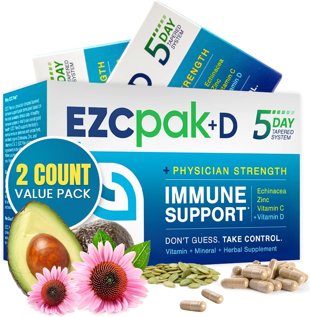 EZC Pak 5 Günlük Echinacea, Vitamin C, çinko & Vitamin D - Telsiz Immune Support Supplement for Yetişkinler - Destekler Immunity, Easy Travel-Size Supplement Pack - (Pack of 2)