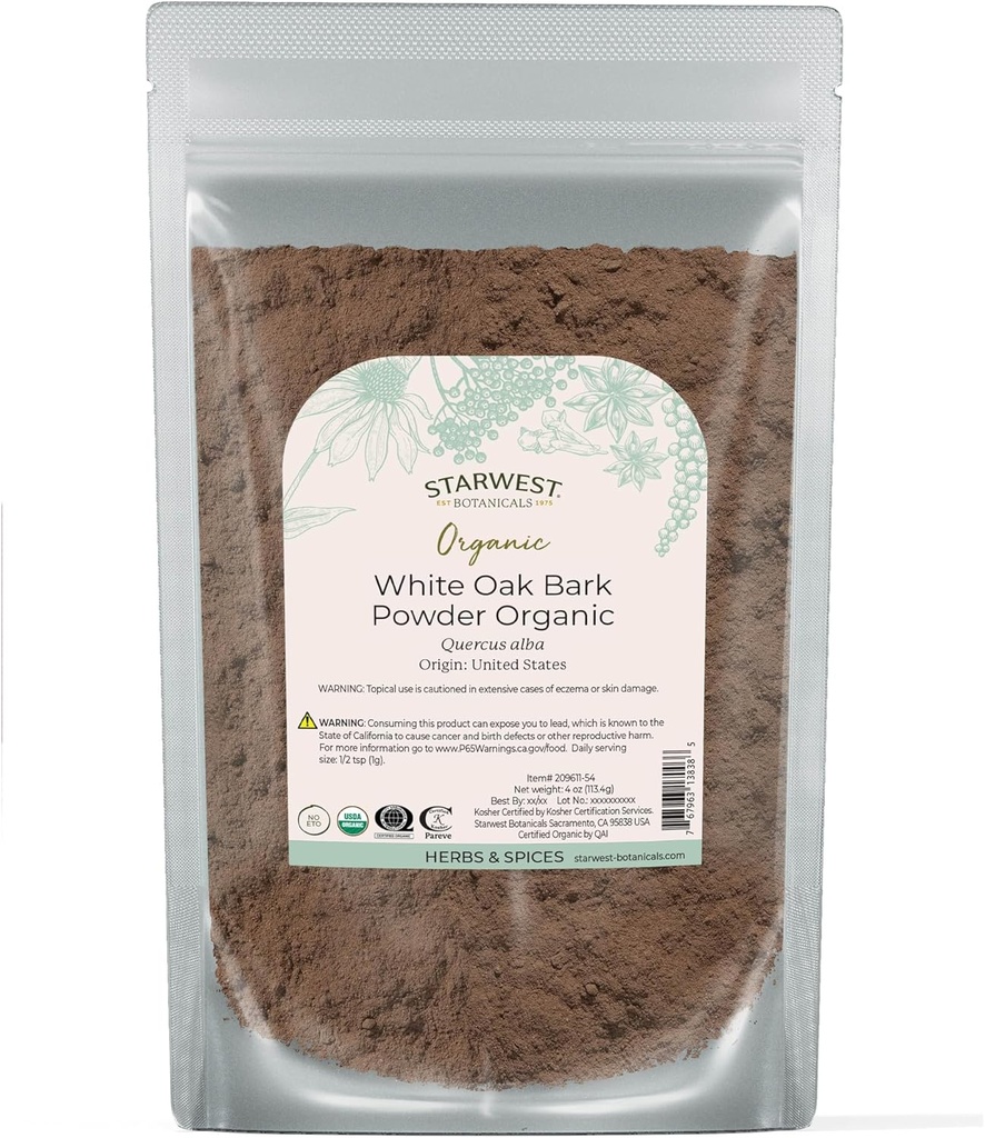 Starwest Botanicals White Oak Bark Powder Organic - Dry Herb for Tea & Natural Herbal Blends, Pure Quercus Alba, Cerdened Kosher, Non-GMO - 4 oz Pouch