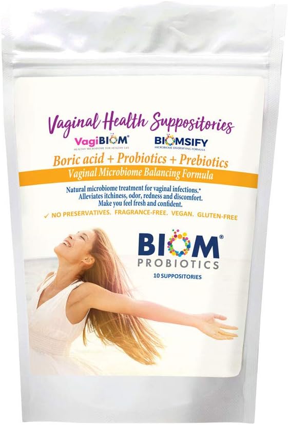 Biom Probiotika Prebiotika Borsyre Suppositorier. Feminin Helse Probiotika for infeksjoner og pH Essentials VEGAN, PARABEN-FREE (10)