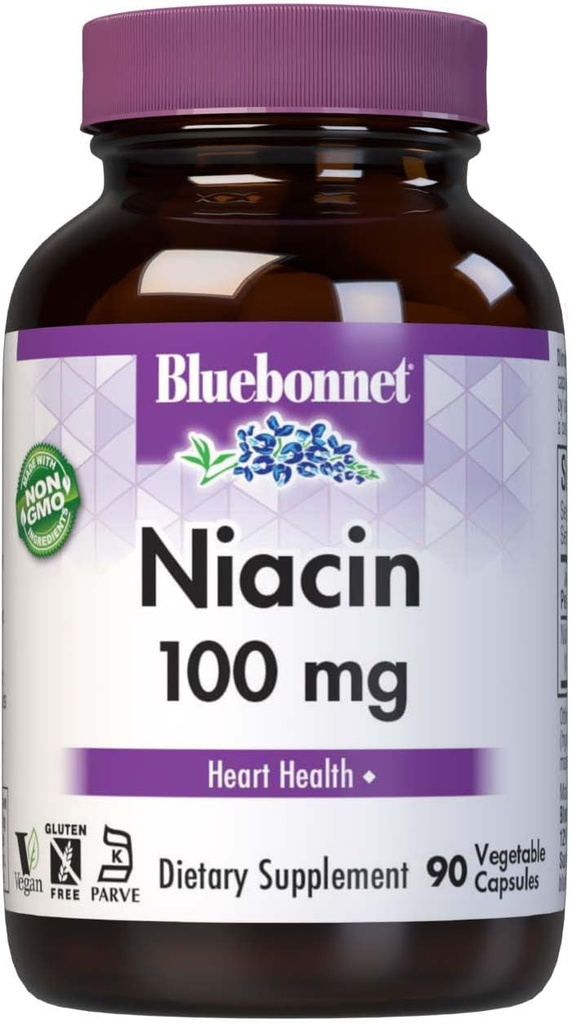 Bluebonnet Niacin 100mg Vitamin B3 Nicotininsäure - Herz-Gesundheits-Unterstützung für Damen und Herren* - Non-GMO, Vegan, Kosher, Glutenfrei, Sojafrei, Dairy-freie Flush Niacin Ergänzung - 90 Gemüsekapseln