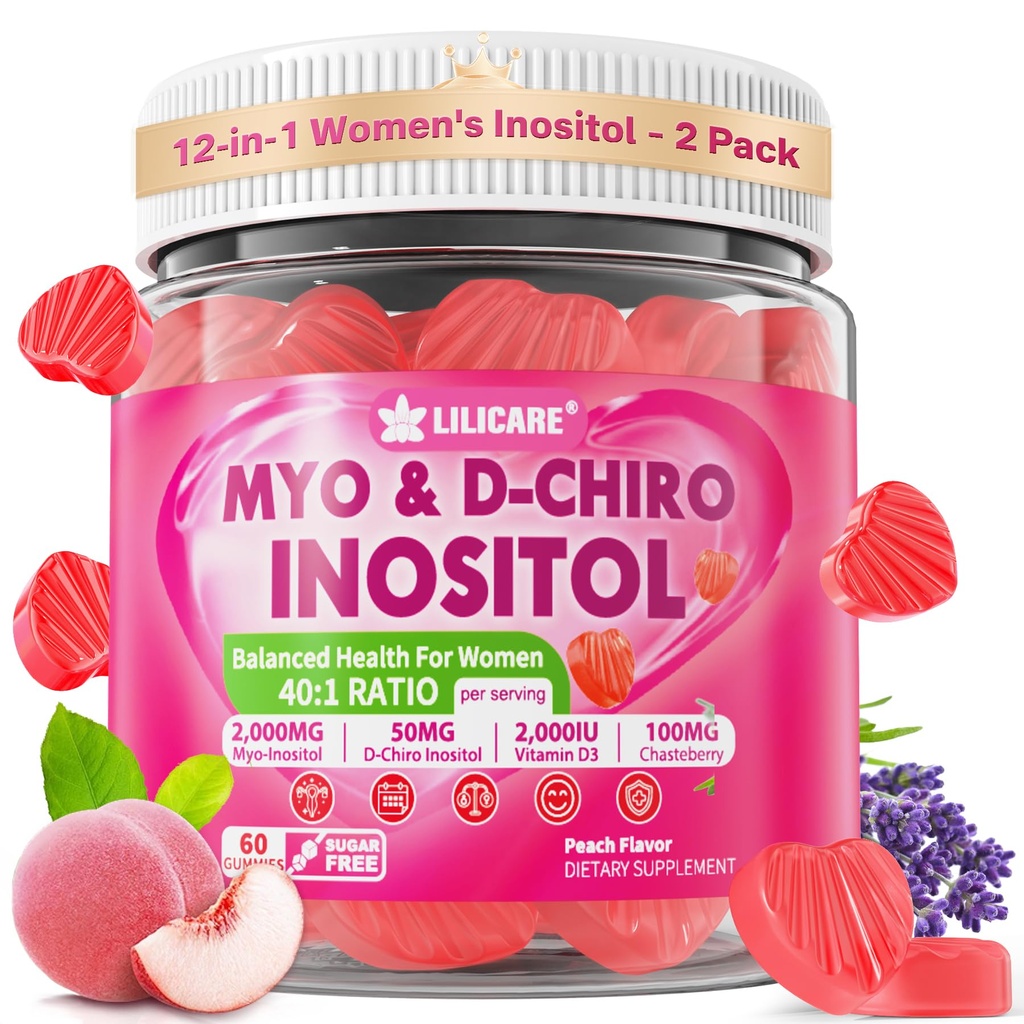 Inositol Gummies for Women + Chasteberry, Myo-Inositol & D-Chiro Inositol 2000mg + 50mg Ideal 40:1 Ratio with Methylated B12 & Folate, Choline, Magnesium, Vitamin D3 for Overall Health, Pack of 2