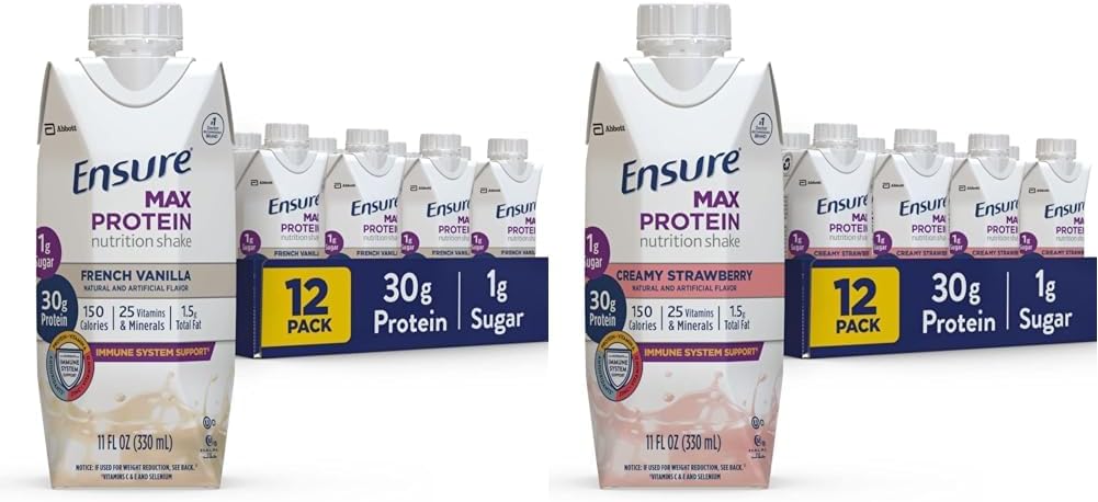 Sørg for Max Protein Ernæringshake med 30 g protein & Max Protein Ernæringshake med 30 g protein, 1g sukker, høyproteinshake, kremet jordbær, 11 oz, (pakke med 12)