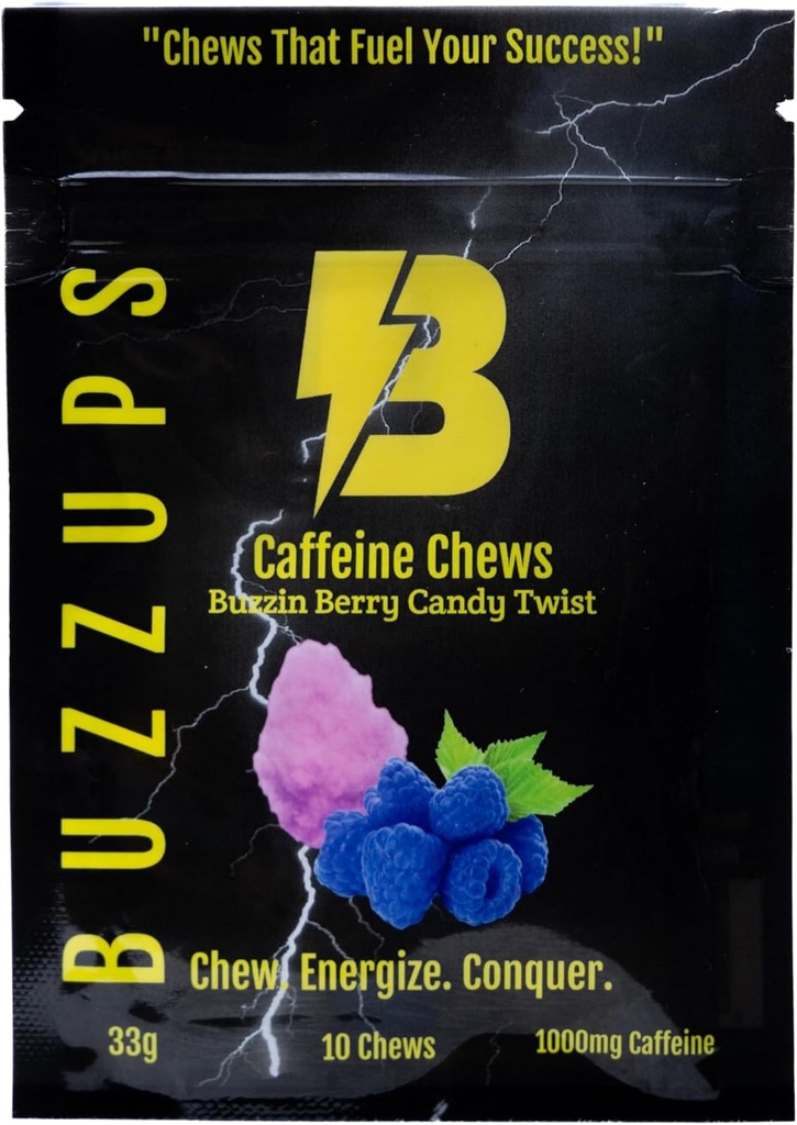 BuzzUps Kofeīns Gumies – 100mg Kofeīns uz gumija, Buzzin Berry Flavor, enerģijas Boost sporta, Gaming, darbojas, riteņbraukšana, Focus, izturības papildinājums (10 Gumies, 1 Pack)