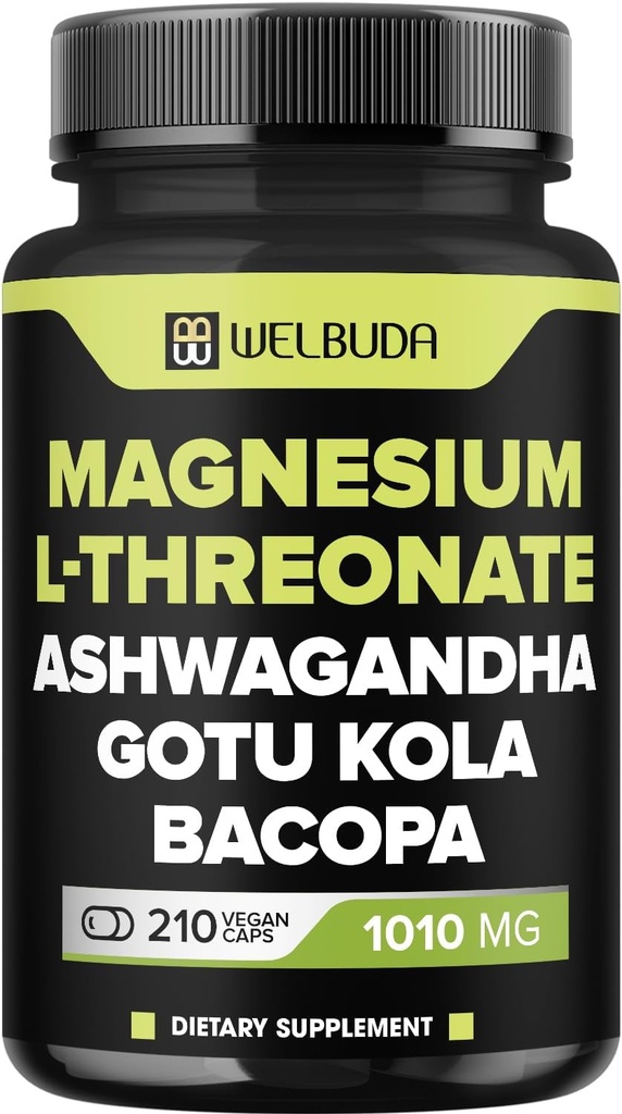 Magnesium L-Threonate Capsules 1010mg - 210 Capsules - Blended with Ashwagandha Root, Gotu Kola Leaf & More
