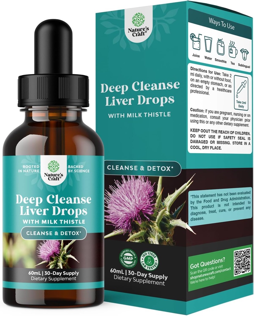Deep Liver Cleanse, Detox & Repair with Milk Thistle Liquid Drops - Liver Detox Liquid Artichoke Extract with Dandelion Leaf, Ginger & Turmeric Curcumin for Immunity & Daily Cleanse -60 мл Бутылка