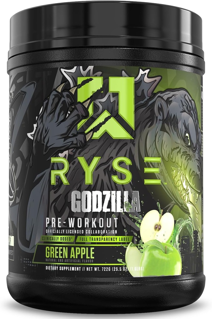 RYSE Godzilla X Noel Deyzel Pre Workout Powder - Green Apple - 400mg Caffeine, High Stim Pre-Workout for Men " Women with Citrulline " Beta Alanine - Energy, Pump " Focus - 20/40 Servings