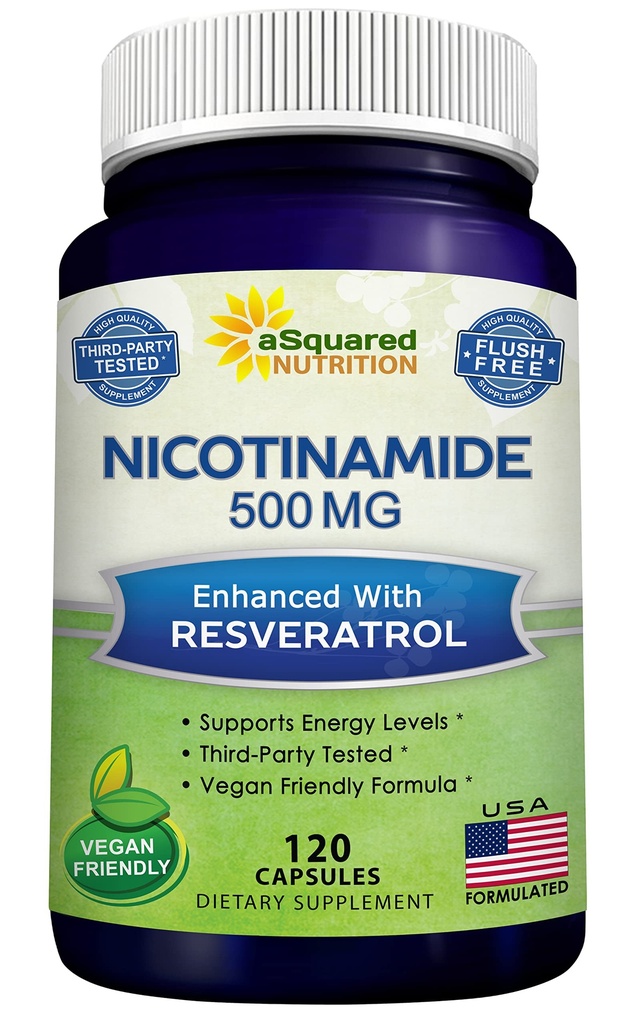 aSquared Nutrition Nicotinamide with Resveratrol - 120 Veggie Capsules - Vitamin B3 500mg (Niacinamide Flush Free) - Supplement Pills to Support NAD, Skin Cell Health & Energy