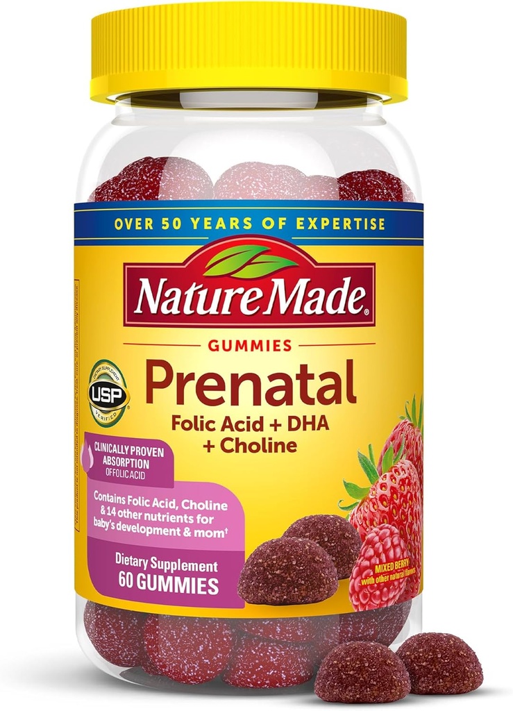 Nature Made Prenatal Gummies with DHA and Folic Acid, Prenatal Vitamin ve Mineral Supplement for Daily Nutritional Support, 60 Gummies, 30 Day Supply