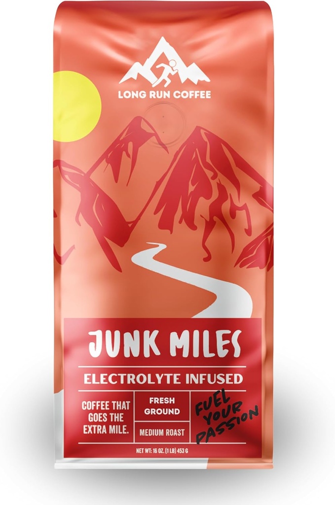 Junk Miles - Medium Roast - Infuzat cu Electroliti pulbere - Atlet Hidratare - Cafea pentru Runners - Keto Electroliti: sodiu, calciu, magneziu, & Potasiu (Ground, 16 Oz)