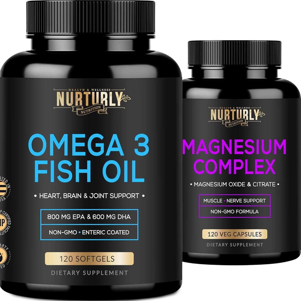 Magnesium Complex og Omega 3 Fish Oil - Magnesium Citrate 500MG - Fish Oil 2000mg, 800mg EPA og 600mg DHA - Muskelafslapning, søvn og energi, Knoglehelbred, hjerne og hjerte
