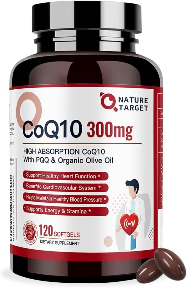 NATURE TARGET CoQ10-300mg-Softgels + PQQQ-Olive-Oil ilə PQ10 - Yüksək Aborpsiyon-Coenzyme-Q10 - Antioksid-for-Heart-Health və Immune Support, Enerji İstehsalçılığı, 120 Xidmət