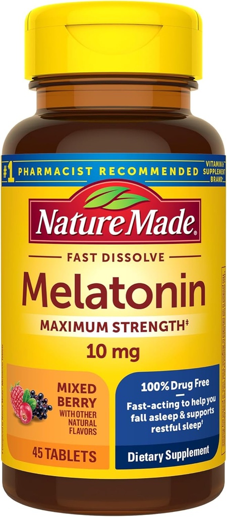 Nature Made Melatonin 10mg Fast Dissolve, maximale Stärke Nacht Schlafhilfe für Erwachsene, 100% Drug-Free, 45 Tabletten