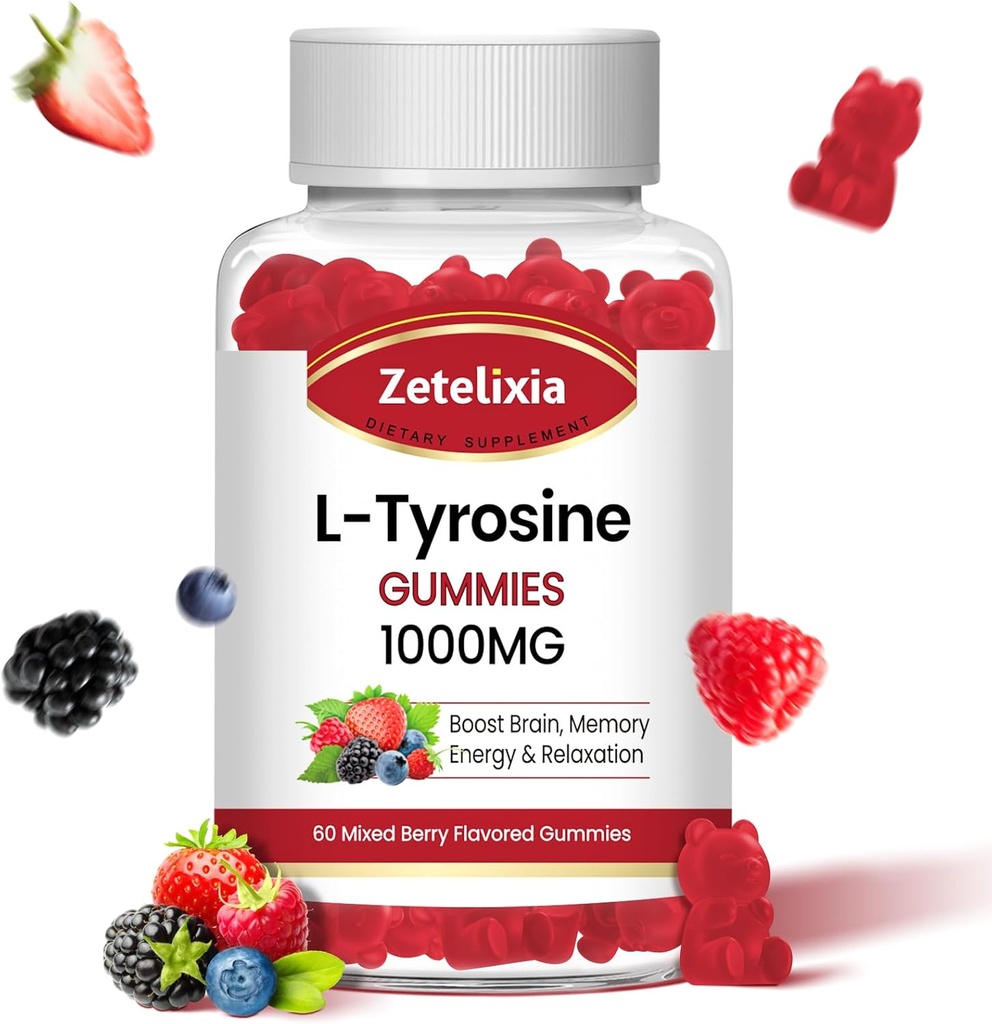 L Tyrosine Gummies 1000mg,L-Theanine Supplement Gummy 200mg,Cugar Free L-Tyrosine s vitamínom B6 energetické doplnky pre dospelých a deti - Vegan (počet 60)