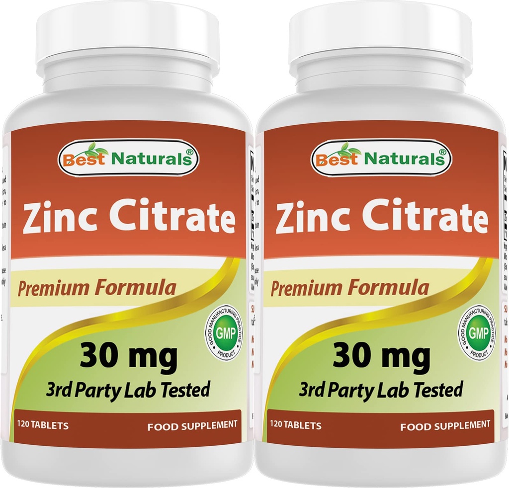 Best Naturals Zinc 30mg Supplements (as Zinc Citrate) - zinc Vitamins for Adults Immune Support - 120 Tablets (120 Count (Pack of 2))