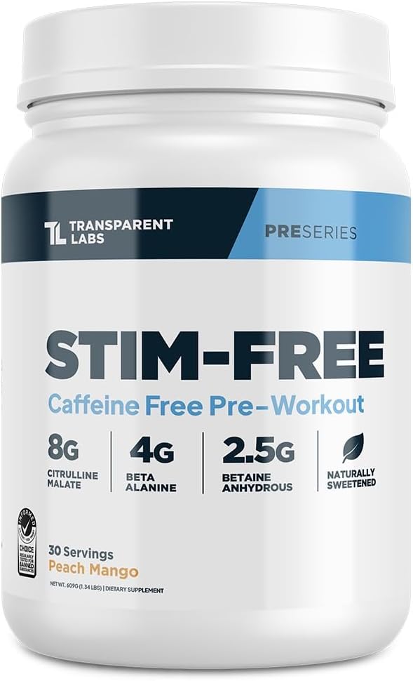 Transud Labs Stim-Free Pre-Workout - Caffeine & Stim Free Preout אבקה מתוקנת באופן טבעי לגברים ונשים עם אבקת Beta Alanine, Citrulline Malate, & elevATP - 30 משרתים, Peach מנגו