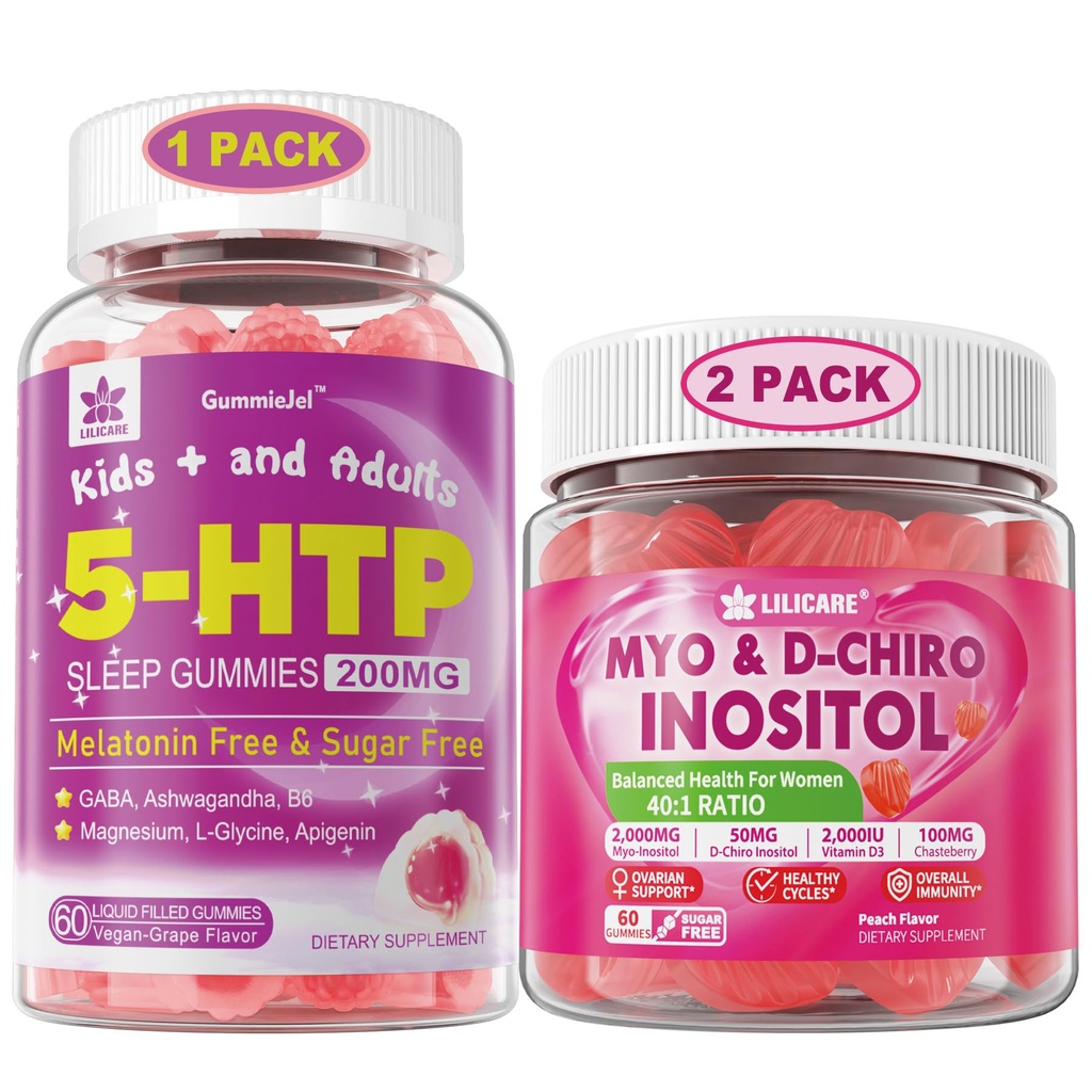 LILICARE Bundle: 5HTP Gummies with Magnesium Glycinate - Melatonin Free Sleep Gummies for Adults & Kids 8+ & Inositol Gummies Ideal 40:1 Ratio Myo & D-Chiro Inositol Supplement