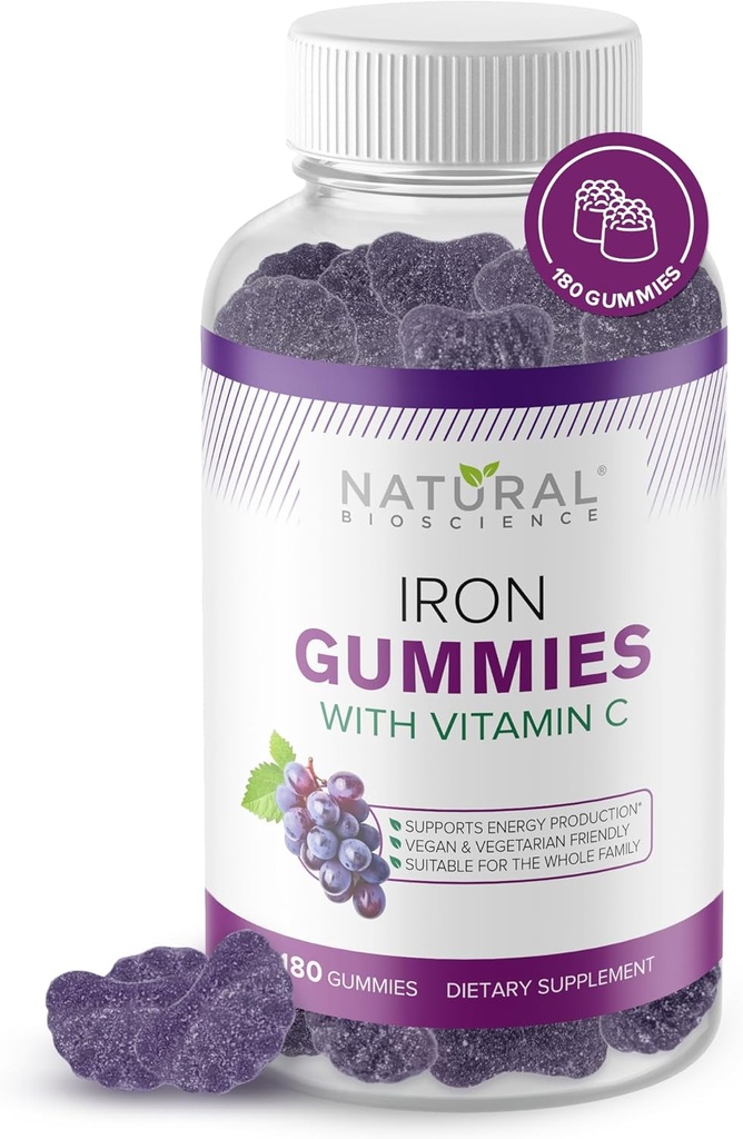 Vas gumik C-vitaminnal - rágható vaspótlás vashiány anaemia, vörös vérsejt támogatás, energia, immunfunkció, agy egészség, Max Absorption, Grape Flavor, 180 Vegán gumi