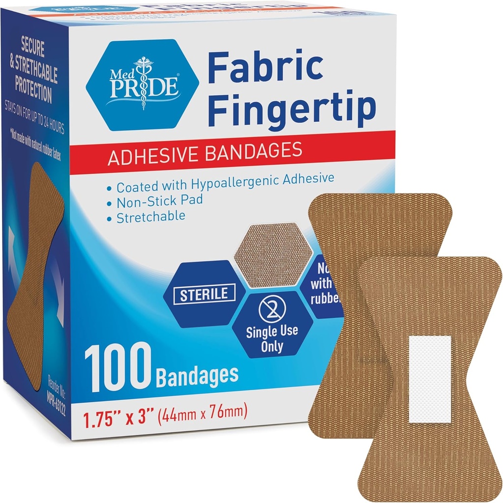 MED PRIDE Sterile Fingertip Fabric Bandages 1.75in X 3in Hypoallergenic Adhesive Latex-Free 100 Count