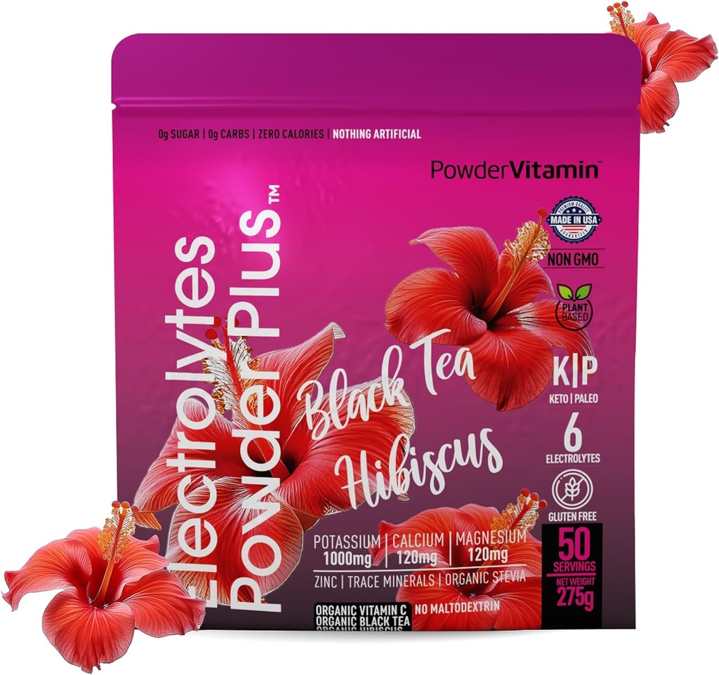 Prášokvitamín Electrolytes Powder Plus (50 Servings) Čierny čaj Hibiscus Electrolyte Powder Keto, bez cukru, Ružová himalájska soľ, 1000mg Draslík, 120mg Vápnik, 120mg horčík, Hydračný prášok