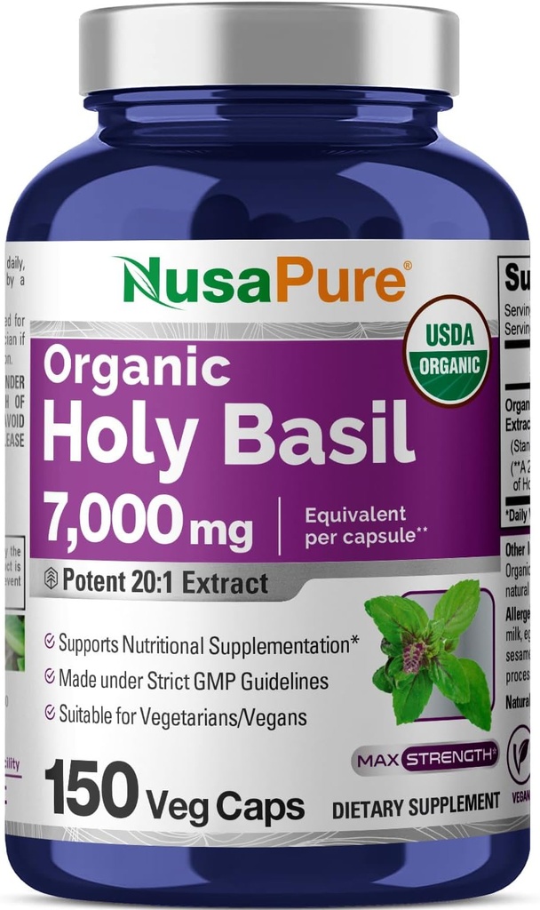 NusaPure USDA Organic Holy Basil Capsules 20:1 Ekstrakts, 350 mg Ekvivalents 7000 mg - 150 Vegan Caps - tulsi Holy Basil Leaf Extract - 2.5% Ursolskābe - Ne-GMO