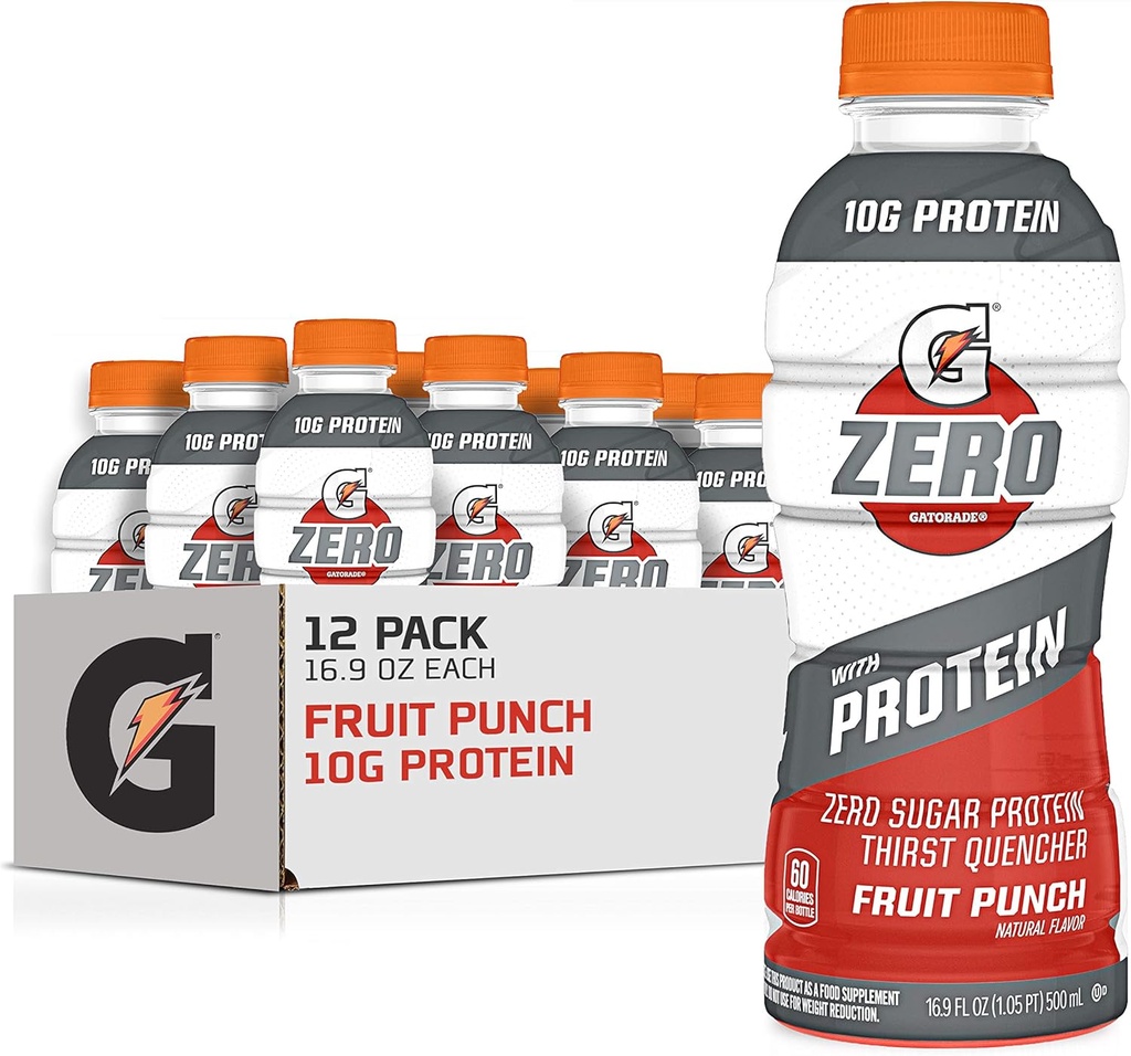 Gatorade Zero Su baltymų, 10g Išrūgų baltymų Izoliatas, Zero Cukrus, Elektrolitai, Vaisių punch, 16.9 Fl Oz, 12 Pack