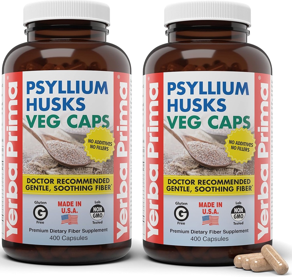 Yerba Prima Psyllium Huss Veg Caps, 400 kapsler (625mg) (pakke med 2) - Vegansk, ikke-GMO, Glutenfri, Colon Cleanser, Daily Fiber Supplement for Gut Helse og regelmessighet