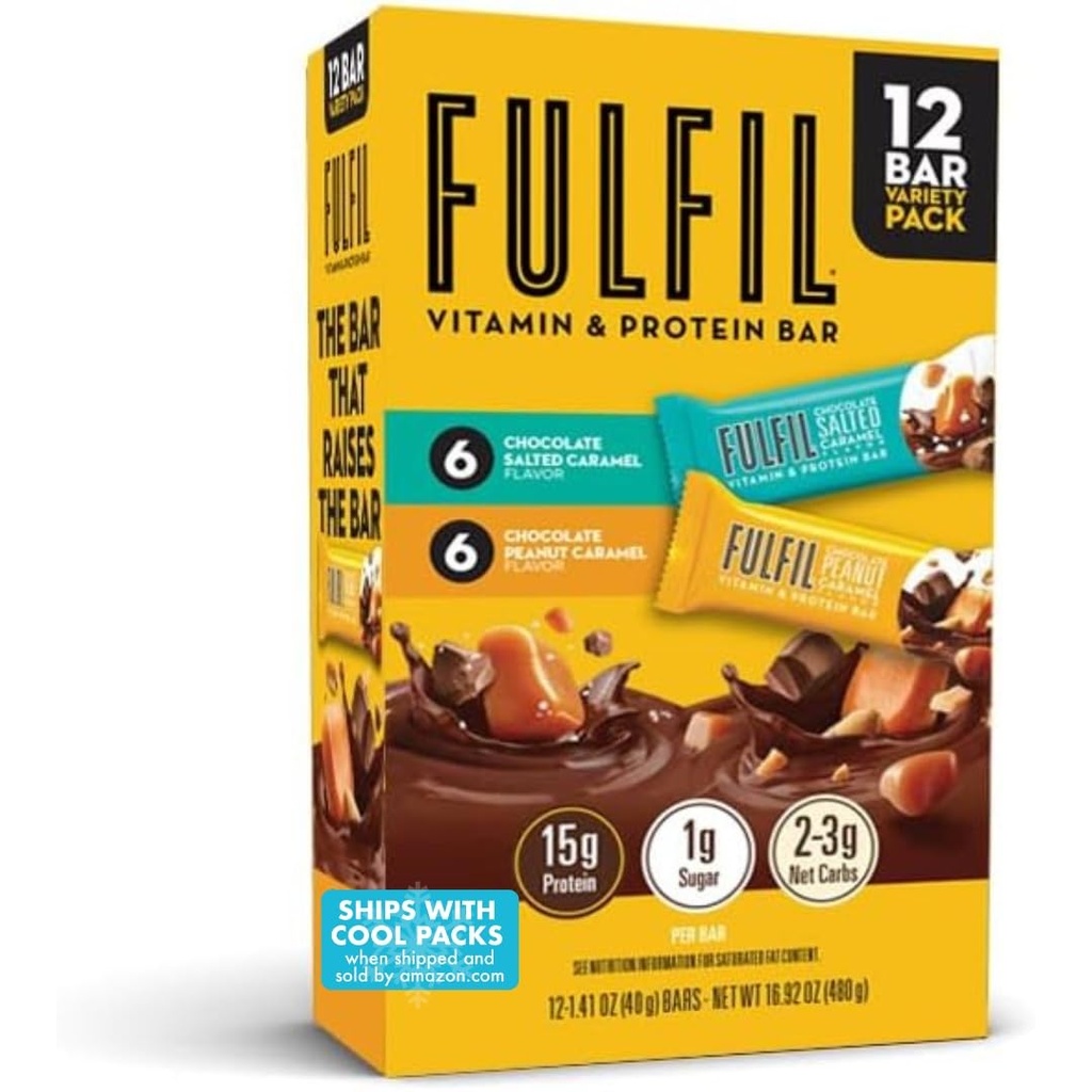 FULFIL Protein Snack Bars, 6 Schokolade Peanut und Caramel & 6 Schokolade gesalzen Caramel, 15g Protein, Pantry Staples, 12 Count