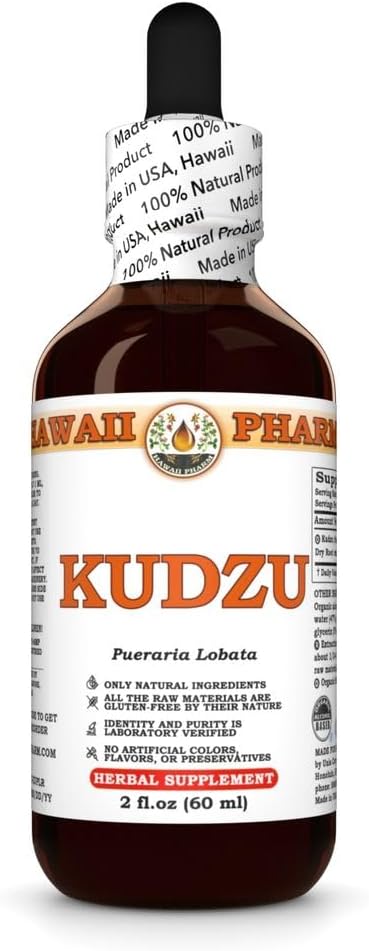 Hawaii Pharm Kudzu Extract, Tinctuur voor lever Wellness, Bevordert de hartfunctie, Ondersteunt Cardiovasculaire Balance, Beschermt de lever tegen oxidatieve schade, kalmeert hoofdspanning - 2 fl.oz