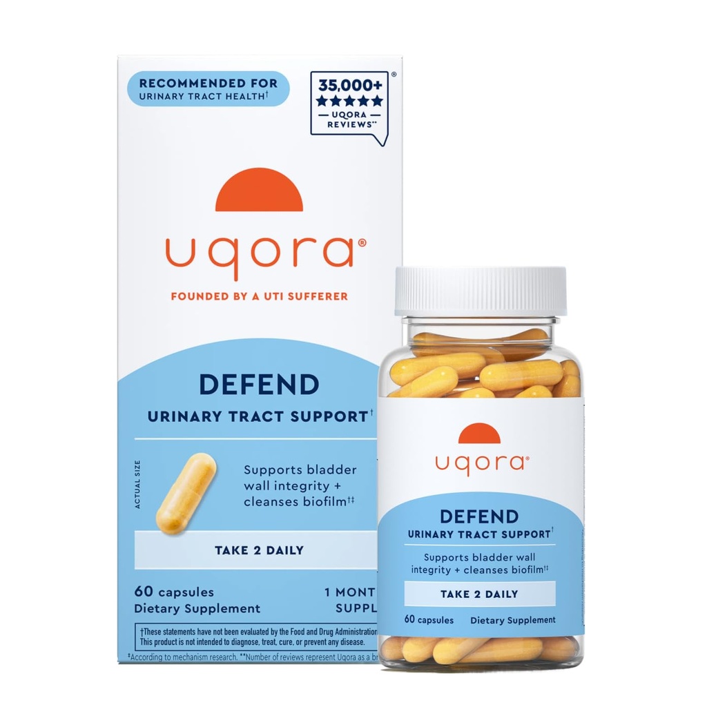 Uqora Defend - Urinary Tract Health Supplement - Support Bladder Health & Cleanse Biofilm* with D-Mannose, Green Tea Extract, Turmeric Extract & More - Gluten-Free - 60 Capsules (30-Day Supply)