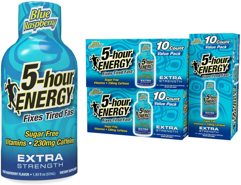 5-годинний ENERGY Shots Extra Міцність, синій малиновий Flavor, 30 граф, 1.93 Fl Oz, Sugar Free, Zero Калорії, Амінокислоти та ефірні вітаміни B, Дієтичні добавки, Почуття та Енергетика, 230 мг Кофеїн