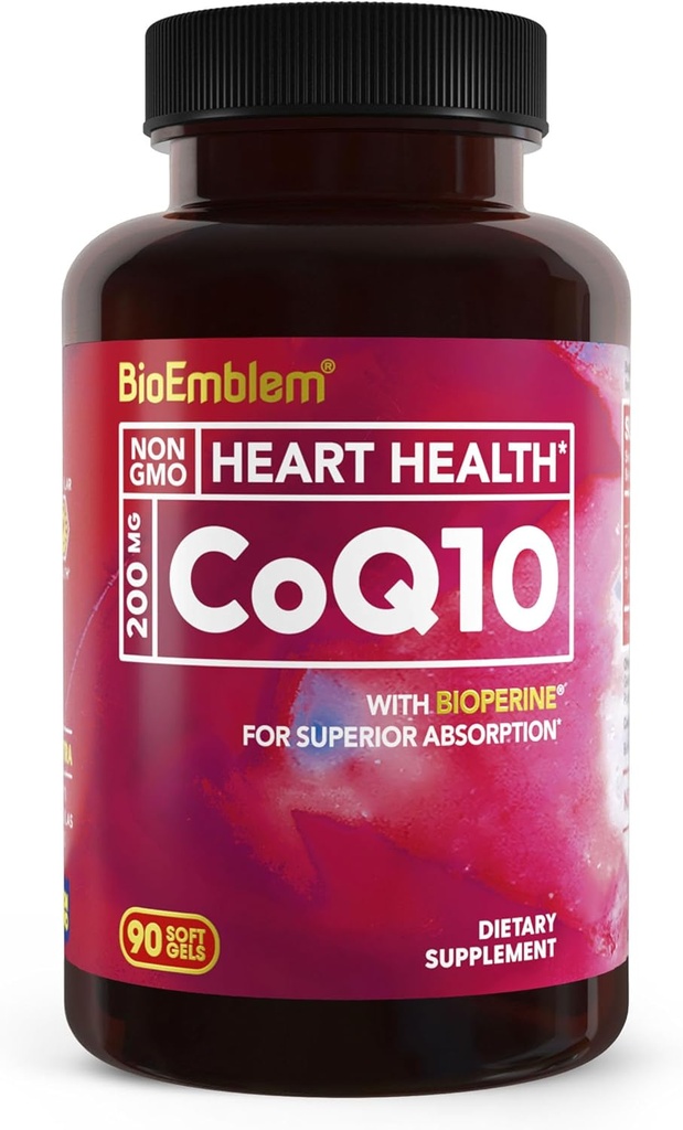 BioEmblem CoQ10 BioPerine - 200 mg Softgels, korkea imeytyminen - Coenzyme Q10 Antioksidantti energiantuotantoon, Heart Health - Natural Form, non-GMO CoQ10 täydennysosa - 90