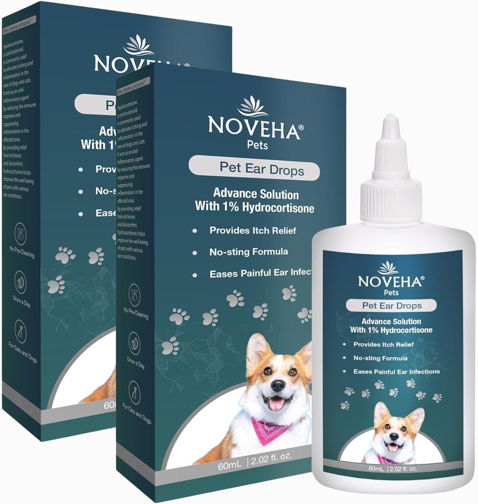 NOVEHA Pet Ear Drops con 1% Hydrocortisone | Ear Cleaner for Dogs & Cats for Earwax buildingup, No-Sting Formula, Calms Itch & Riduce Painful Ear Infections 60mL (60ml (Pack of 2))