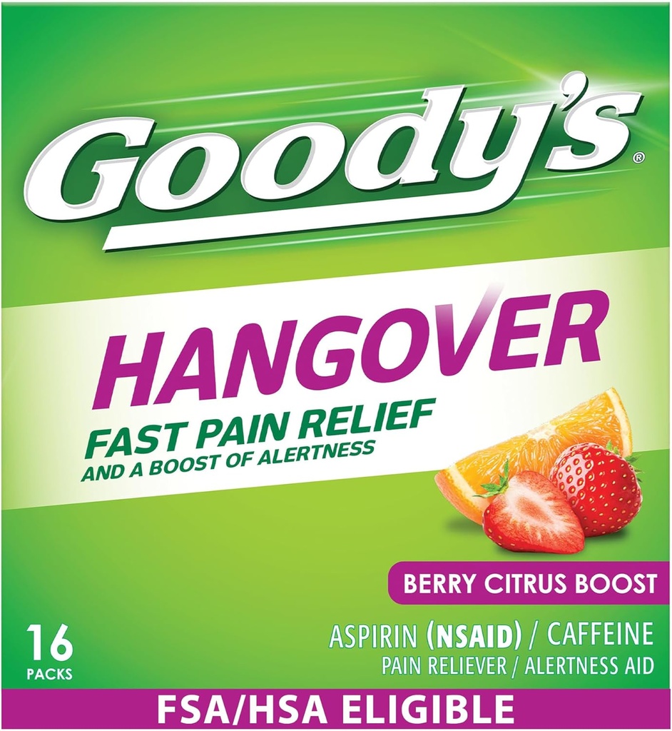 Goody's Hangover Relief Powder, Duble Action Fast Headache 疼痛 Relief with Aspirin and Cafeine, Berry Citrus Flavor, 16 Counter (英语). Goody's Hangover Relief Powder, Duble Action Fast Headche 疼痛缓解 与阿斯匹林和咖啡因, 贝里 Citrus Flavor, 16 Count (英语).