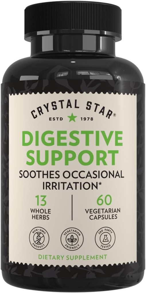 Crystal Star Digestive Support Supplement (60 Capsules) - Herbal Gut Health Supplement som hjelper med anlednings Gas & Bloating - Peppermynte, Aloe Vera, Slippery Elm & Ginger - Ikke-GMO
