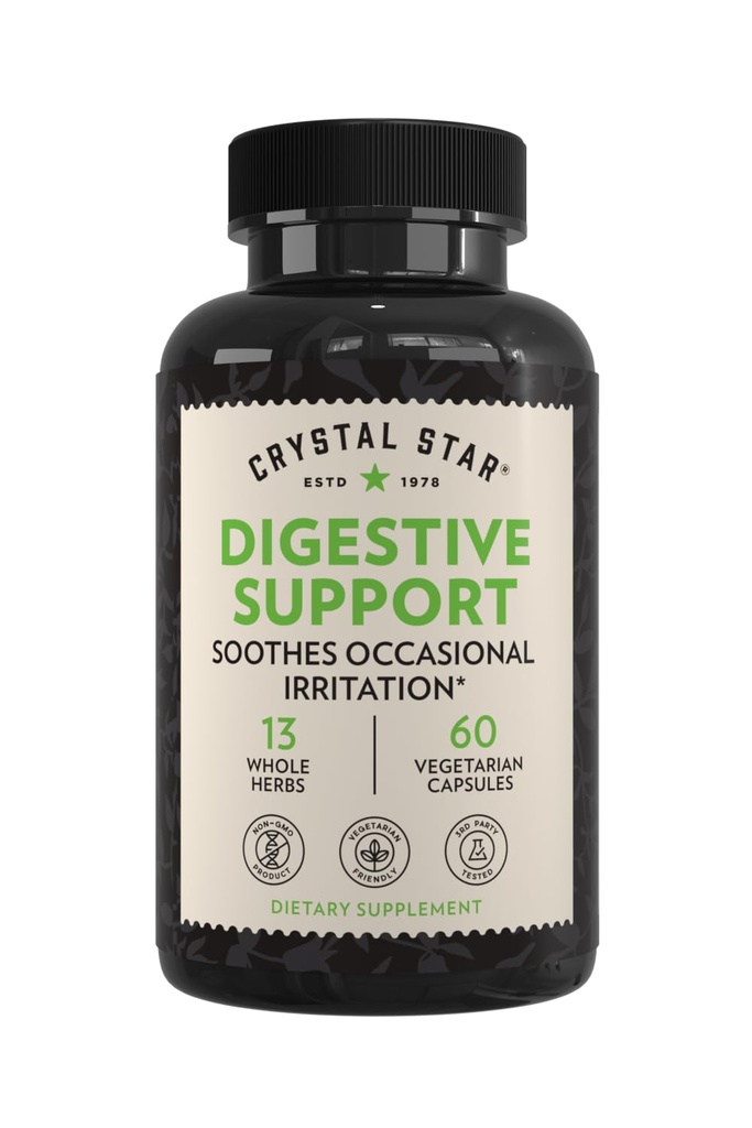 Crystal Star Digestive Support Supplement (60 Capsules) - Herbal Gut Health Supplement that Helps with Occasional Gas & Bloating - Peppermint, Aloe Vera, Slippery Elm & Ginger – Non-GMO