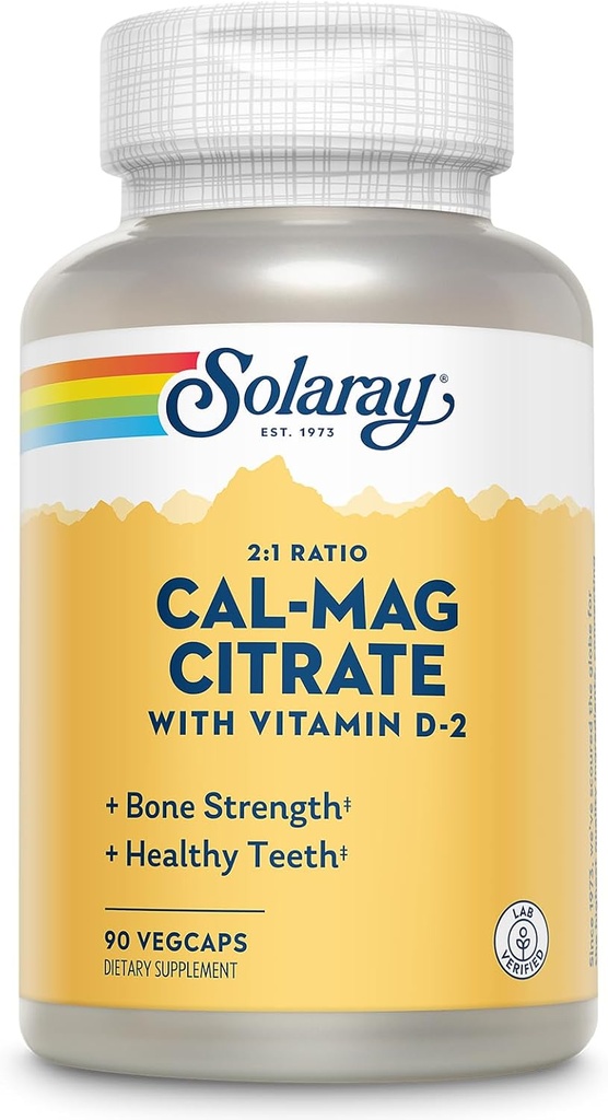Solaray Calcio Citrato 2:1 Ratio - Suplementos de calcio para mulleres e homes w / magnesio e vitamina D 2 - Saúde ósea, apoio muscular e nervioso - Vegan, 60-Day Garantía, 15 Serv, 90 VegCaps
