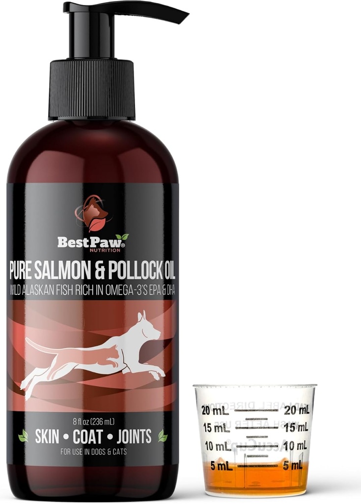 Pure Wild Alaskan Salmon & Pollock Oil for Dogs & Cats Skin and Coat - Fish Oil Liquid with Pump - Supports Joint Function & Heart Health - Omega 3 Liquid Food Supplement - All Natural EPA + DHA - 8oz - 8oz