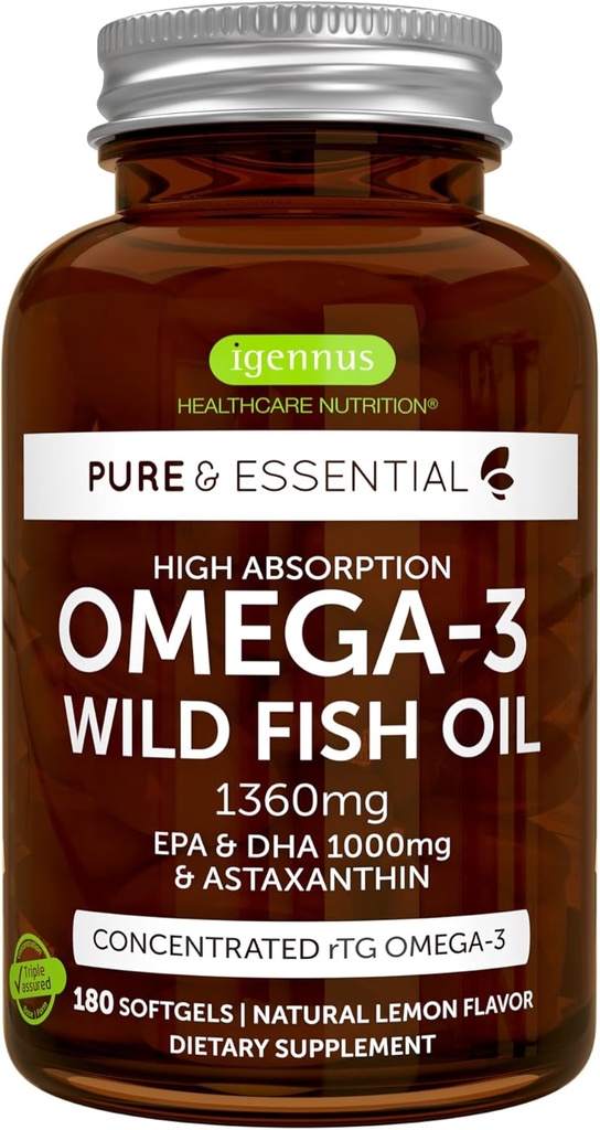 Igennus Ultra Pure Omega 3 Triglyceride RTG Wild Fish Oil 1360mg, IFOS Certified, EPA DHA 1000mg Plus Astaxanthin, Non-GMO, para homes e mulleres, 180 Softgels