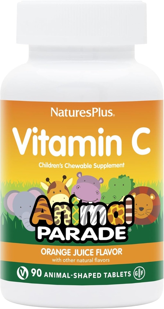 NaturesPlus Animal Parade Vitamina C Niños Chewable - Natural Orange Juice Flavor - 90 Muelles con Forma de Animales, Pack de 4 - Vegan, Vegetariano, Gluten Gratis - 180 Total Servings