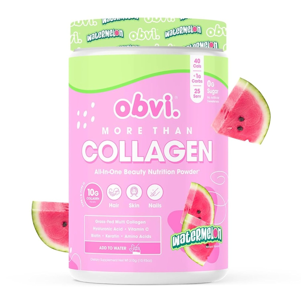 Obvi More Than Collagen Powder | Supports Healthy Hair, Skin, Nails, Joints, Gut , Grass-Fed Multi Collagen supplement with Hyaluronic Acid, Biotin, Keratin , Watermelon, 25 Servings