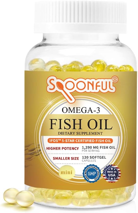 Spoonful Mini Omega 3 Fish Oil, iFOS Certified, 1290 mg Per Serving, 120 Softgels Pearls, Small Size Easy to Swallow Capsules for Women and Seniors, Made in USA