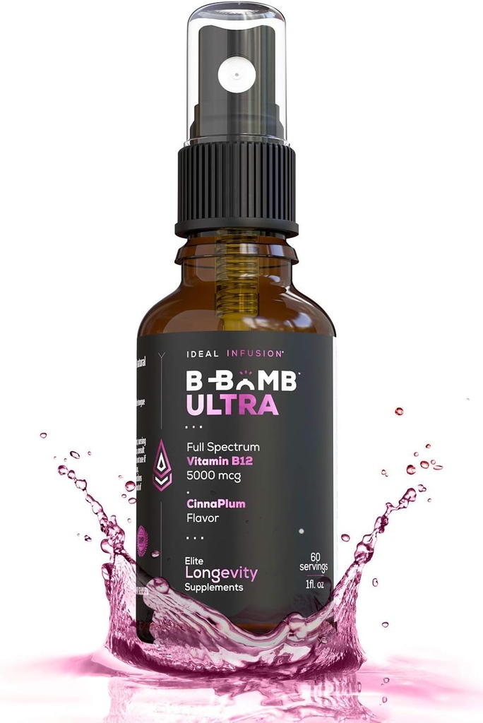 Infusione ideale B-Bomb Triple B12 Vitamin Liquid Spray: Methylcobalamin, Adenosylcobalamin, Hydroxocobalamin - Nerve Health and Energy Booster- 5000 mcg, Keto, Sugar Free (CinnaPlum Organico)