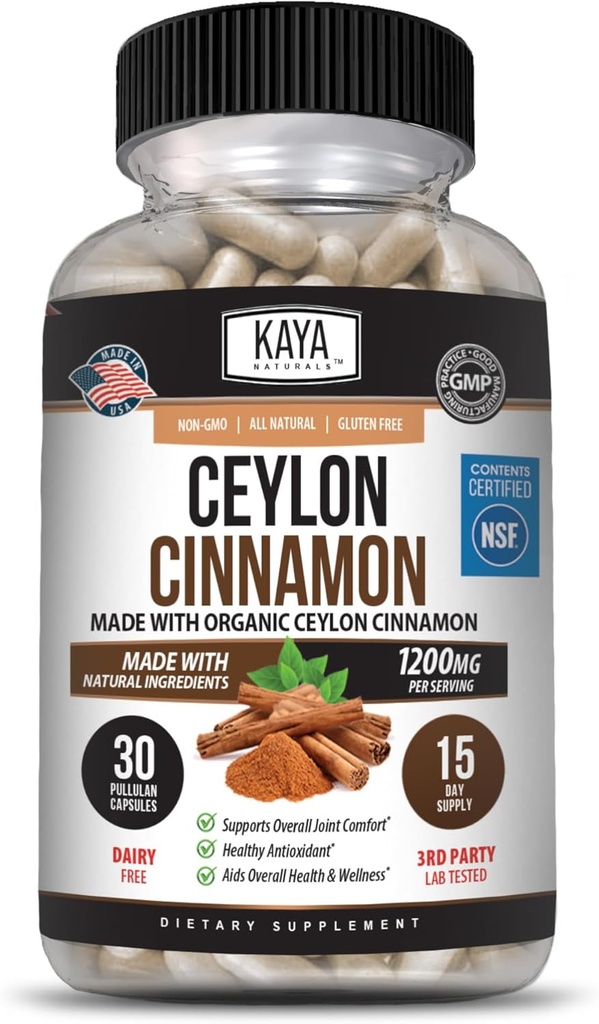 Kaya Naturals Ceylon Cinnamon תוסף | 1200 מ"ג לכל משרת, טבעוני - non-GMO & Gluten Free - 30 קפסולות