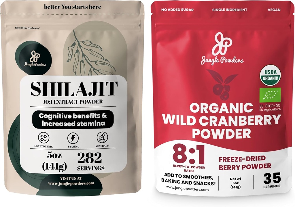 Polveri della giungla Ultimate Vitality Bundle: 5oz Shilajit Powder & 5oz Organic Wild Cranberry Powder - Energia, Supporto immunitario, Superfood Extracts for Baking, Smoothies, Certificato USDA